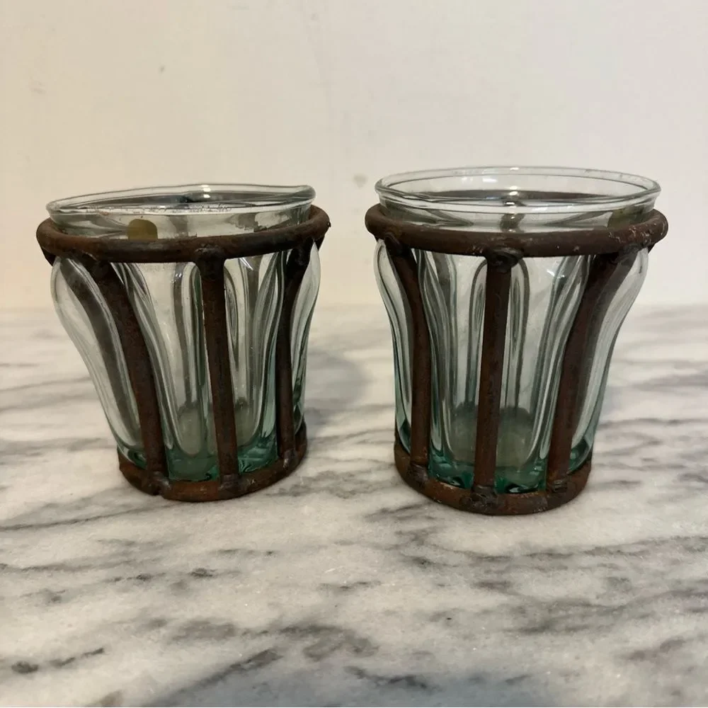 Rustic caged bubble Glass votive Candle Holders vintage brutalist